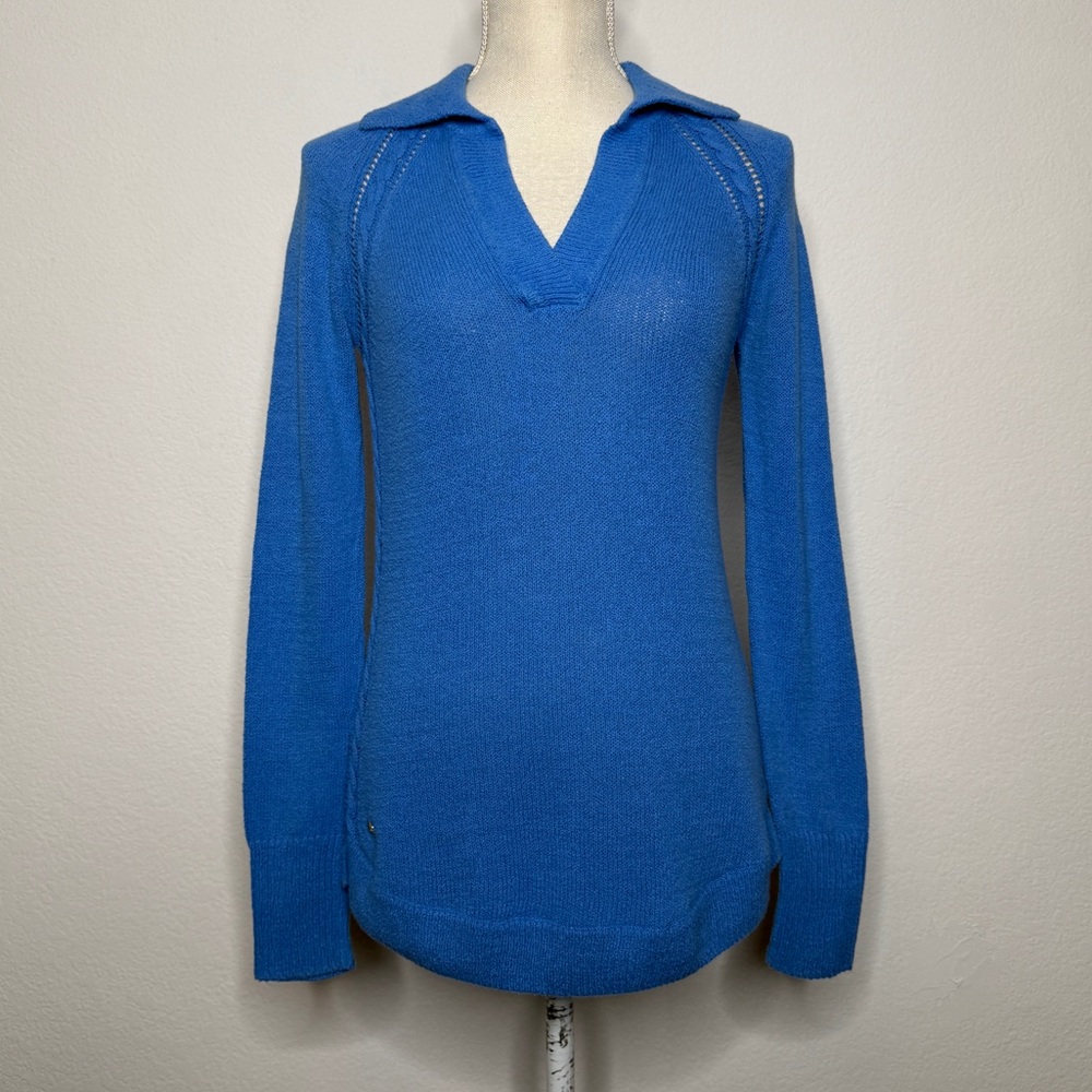 Lilly Pulitzer Blue White Collared V‑Neck Anchor Knit Cotton Sweater Size S